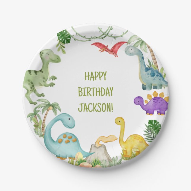 Assiettes En Carton Dinosaur Bonne fête d'anniversaire (Devant)