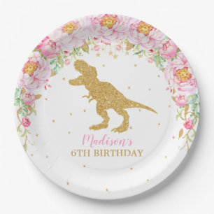 Assiettes En Carton Dinosaur Floral rose Fête T-Rex