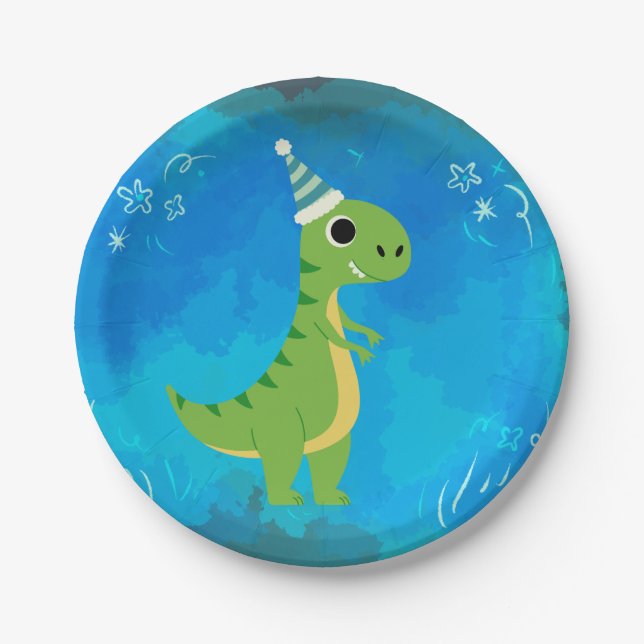 Assiettes En Carton Dinosaur Party Plaque bleue (Devant)