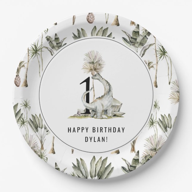 Assiettes En Carton Dinosaur Thème 1ère fête d'anniversaire (Devant)