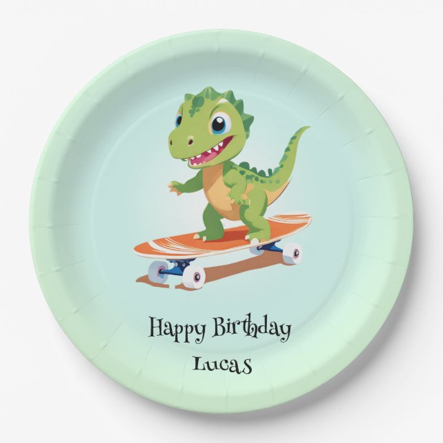Assiettes En Carton Dinosaure drôle Skateboard fête d'anniversaire do- (Devant)