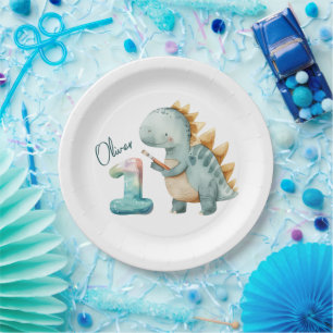 Assiettes En Carton Dinosaure mignon avec brosse 1er anniversaire