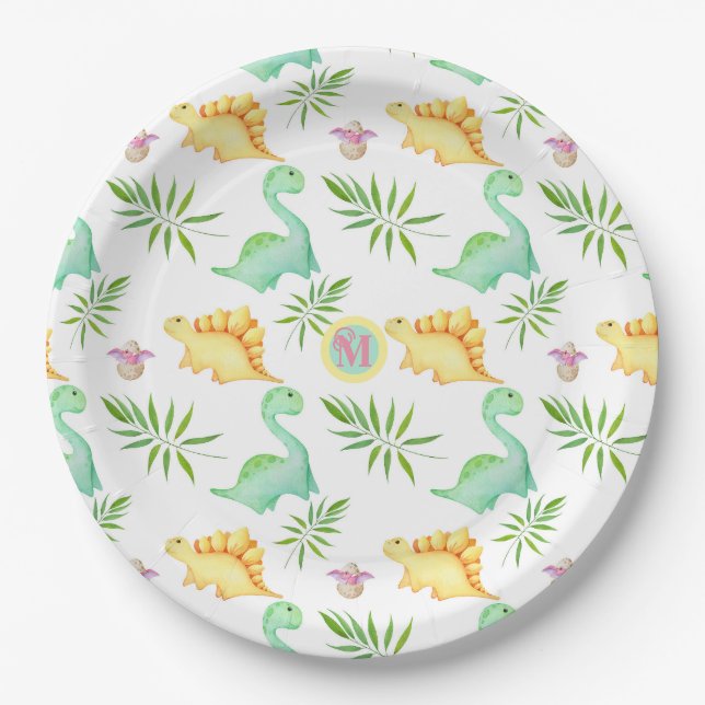 Assiettes En Carton Dinosaure monogramme fête d'anniversaire (Devant)