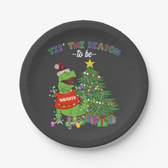 Assiettes En Carton Dinosaure Noël C'est la saison Naughty (Devant)