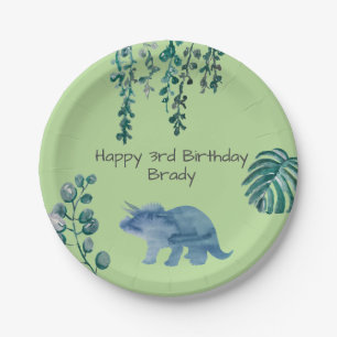 Assiettes En Carton Dinosaure Party Triceratops Vert