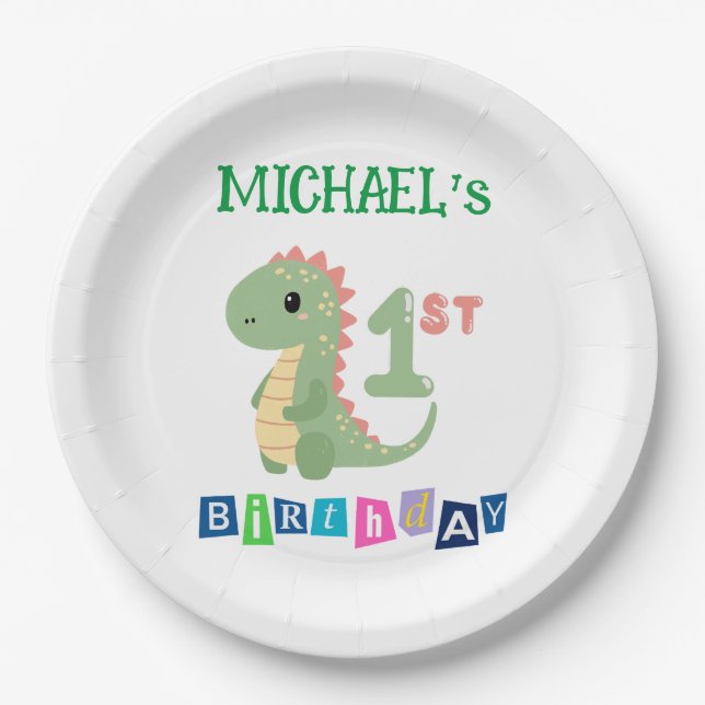 Assiettes En Carton Dinosaure personnalisé 1er anniversaire (Devant)