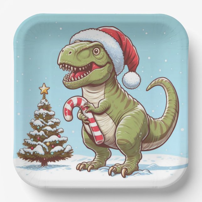 Assiettes En Carton Dinosaure sucre de canne de Noël mignon (Recto)
