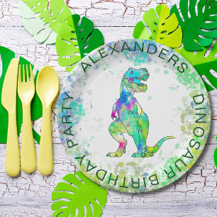 Assiettes En Carton Dinosaure T-Rex coloré Aquarelle fête d'anniversai