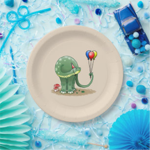 Assiettes En Carton Dinosaure tenant Ballons Anniversaire