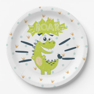 Assiettes En Carton Dinosaure vert ROAR Plaque papier d'anniversaire