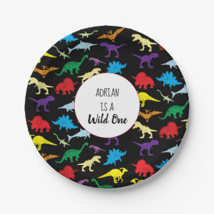 Assiettes En Carton Dinosaures colorés Wild One Anniversaire de enfant