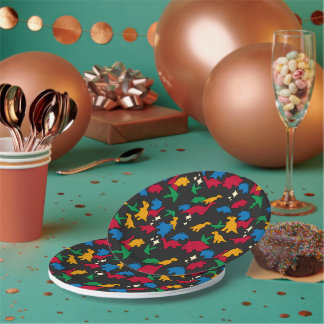 Assiettes En Carton Dinosaures - Contour noir primaire Fond noir