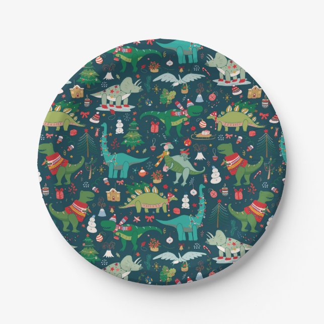 Assiettes En Carton Dinosaures festifs Motif de Noël (Devant)
