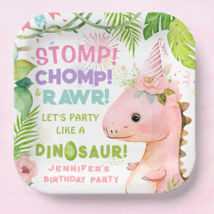 Assiettes En Carton Dinosaures Filles rose Plaques papier pour fête d'
