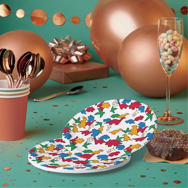 Assiettes En Carton Dinosaures - Fond blanc contour noir primaire (Multi)