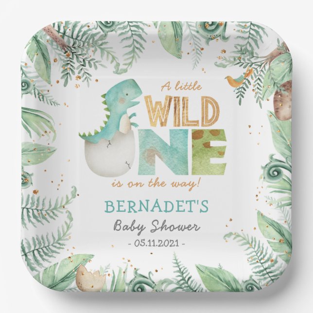 Assiettes En Carton Dinosaures Plaques en papier Baby shower sauvage (Recto)