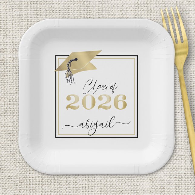 Assiettes En Carton Diplôme 2025 Faux Métal Doré Casquette Noir (Créateur téléchargé)