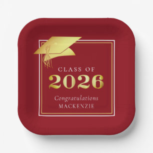Assiettes En Carton Diplômé 2026 Or Métallisé Faux Rouge