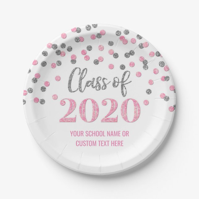 Assiettes En Carton Diplôme Confetti d'Argent rose 2020 (Devant)