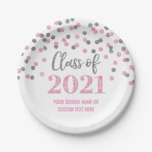 Assiettes En Carton Diplôme Confetti d'Argent rose 2021