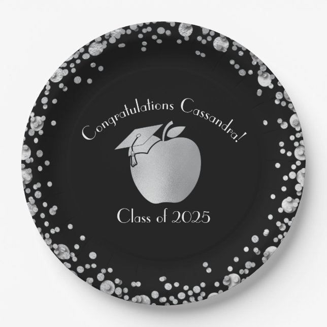 Assiettes En Carton Diplôme d'enseignement Noir Argent (Devant)