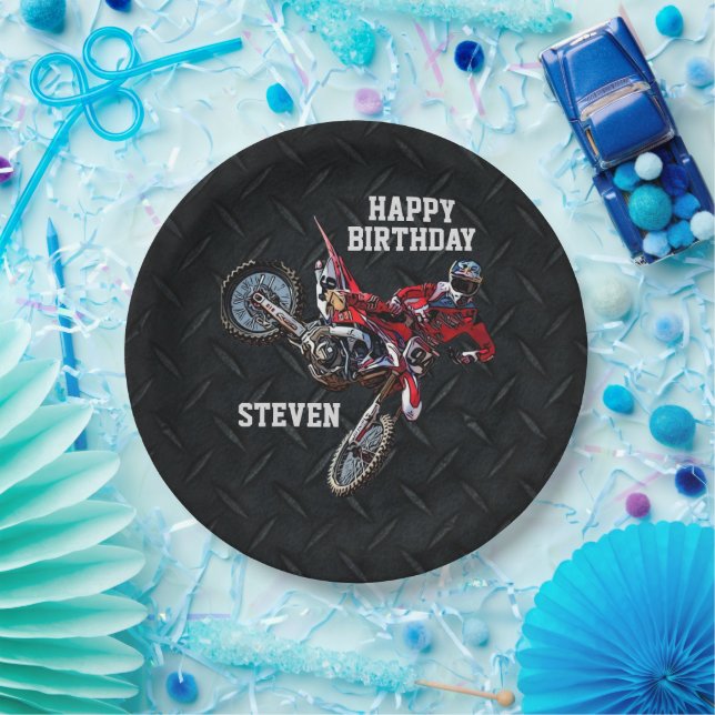 Assiettes En Carton Dirt Bike Rouge Anniversaire Sport Motorcycle Cool (Fête)