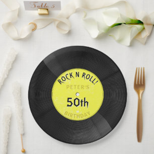 Assiettes En Carton Disque Vinyle Rétro Rock N Roll Jaune Anniversaire