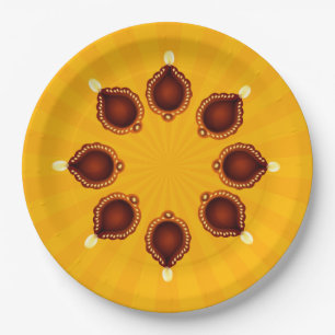 Assiettes En Carton Diwali Diyas avec rayons de soleil jaune