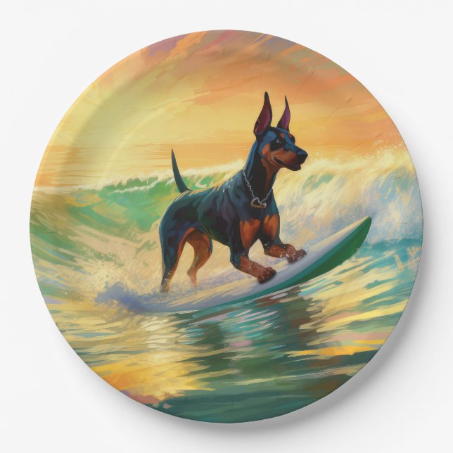 Assiettes En Carton Doberman Beach Surf Peinture (Devant)