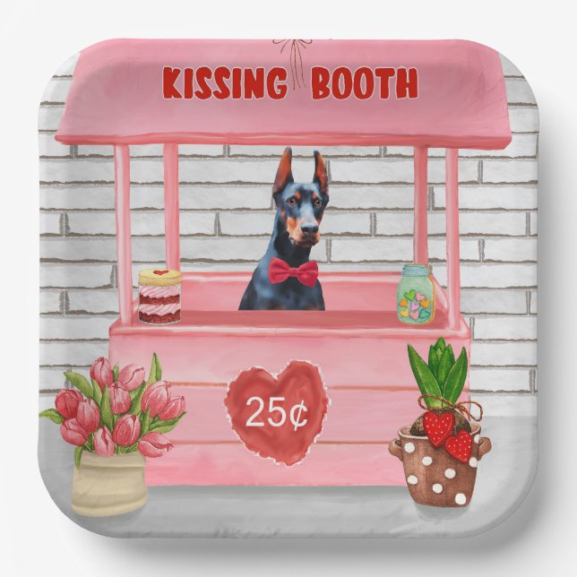 Assiettes En Carton Doberman Chien Valentine's Day Kissing Booth (Recto)