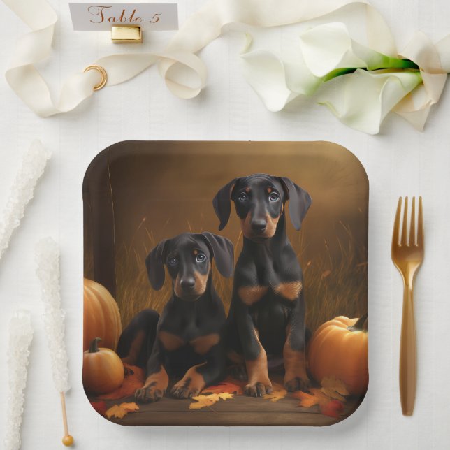 Assiettes En Carton Doberman Chiot Automne Citrouille de plaisir (Mariage)