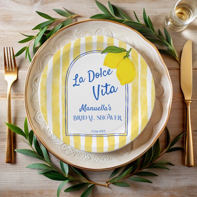 Assiettes En Carton Dolce vita jaune citrons italien douche nuptiale (Dolce vita yellow stripes Lemons retro vintage Italian bridal shower monogrammed Paper Plates)