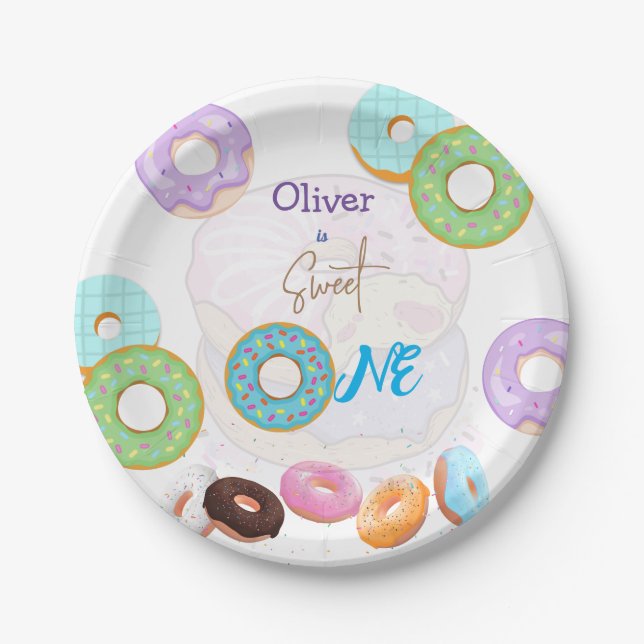 Assiettes En Carton Donut 1er anniversaire garçon (Devant)