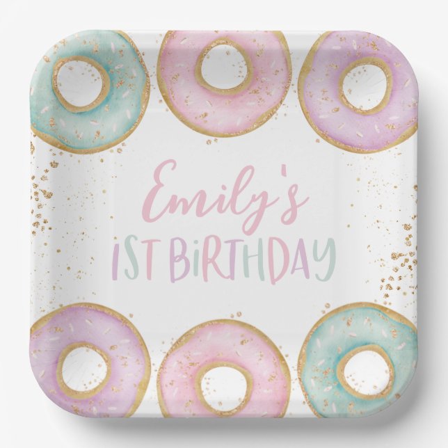 Assiettes En Carton Donut 1er Anniversaire Plaques papier personnalisé (Recto)