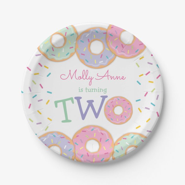 Assiettes En Carton Donut 2e anniversaire fille rose arroses (Devant)