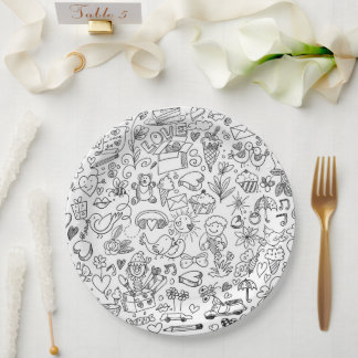 Assiettes En Carton Doodle Mignon Noir & Blanc