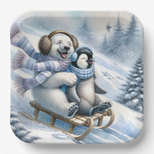 Assiettes En Carton Dormir d'ours polaire avec un pingouin