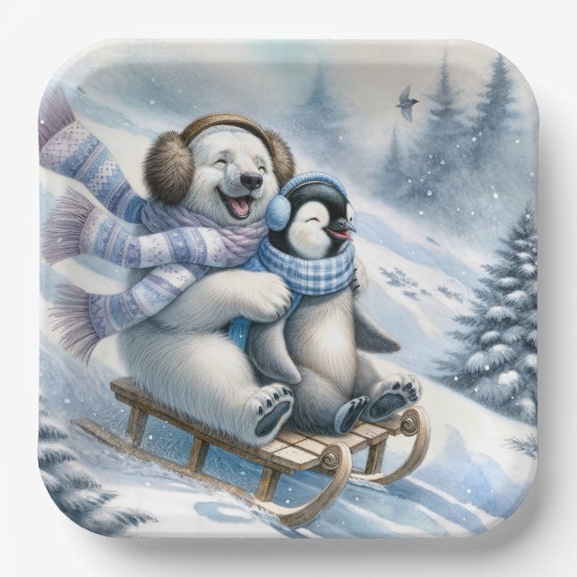 Assiettes En Carton Dormir d'ours polaire avec un pingouin (Recto)