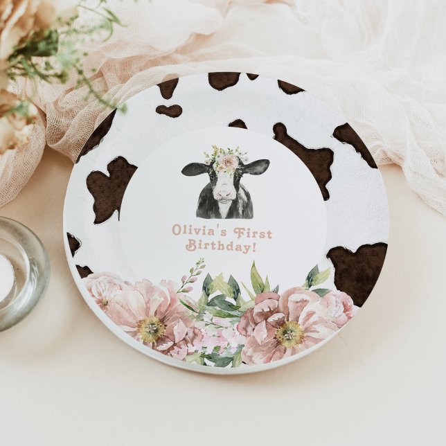 Assiettes En Carton DOTTIE Holy Cow Cute Floral Farm 1er Anniversaire (Créateur téléchargé)