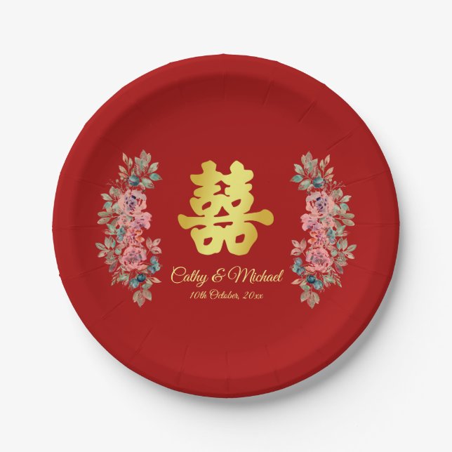 Assiettes En Carton Double bonheur rouge mariage chinois floral (Devant)