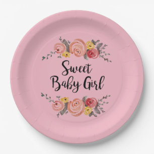 Assiettes En Carton Douce bébé fille Fleur Peinture rose