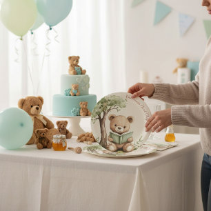 Assiettes En Carton Douce fête de bébé Ourson amateur de livres 