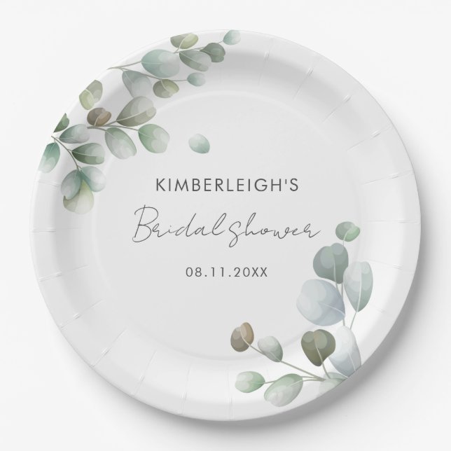 Assiettes En Carton Douce Mariée avec Feuillage d'Eucalyptus (Devant)