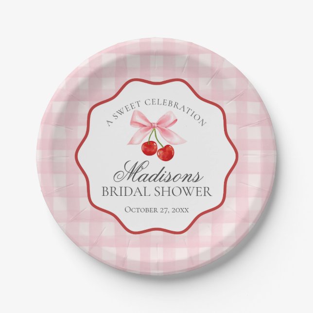 Assiettes En Carton Douce Mariée Cerise Fête de Fiançailles Gingham (Devant)
