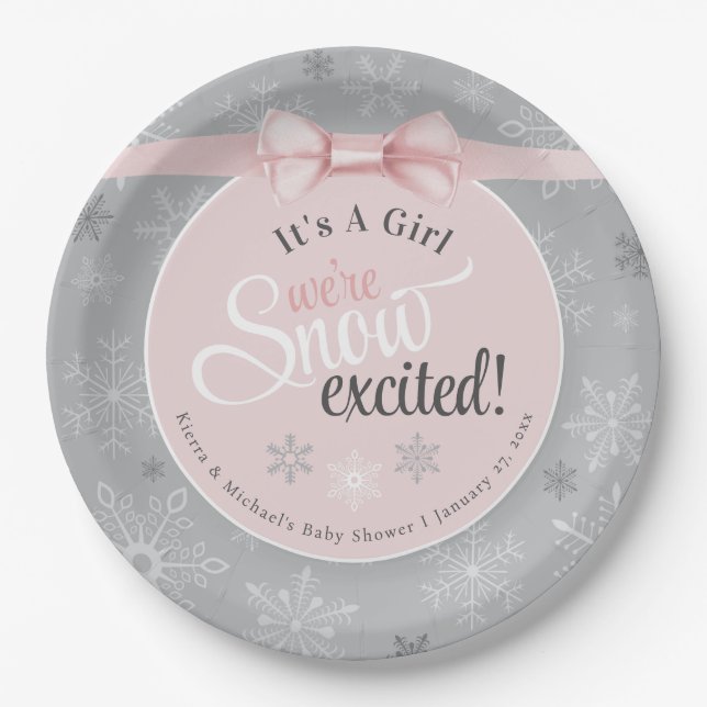 Assiettes En Carton Douche à neige gris rose pour bébé bonbonne neigeu (Devant)
