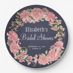 Assiettes En Carton Douche de mariée aquarelle fleurs roses marine