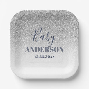 Assiettes En Carton Douche étincelante : Célébration Bébé Bleu & Argen