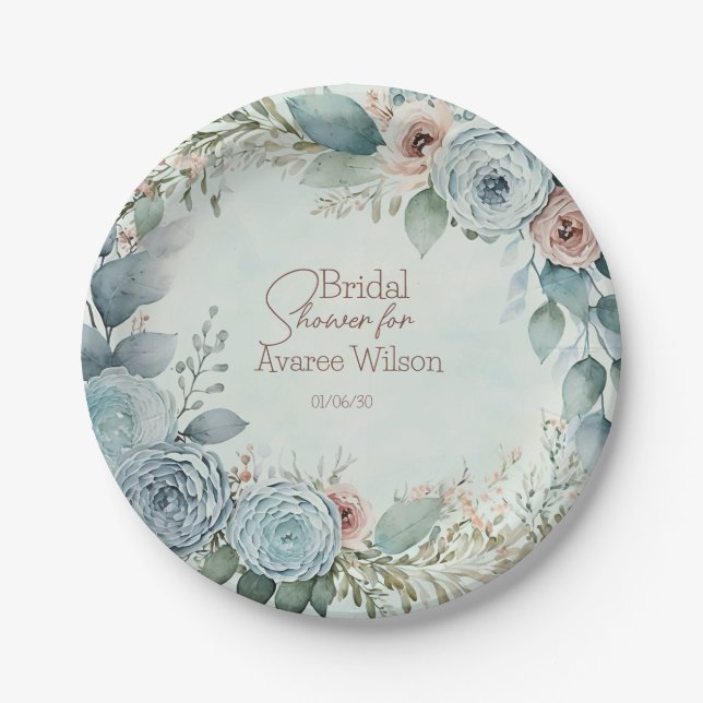 Assiettes En Carton Douche turquoise bleu aquarelle (Devant)