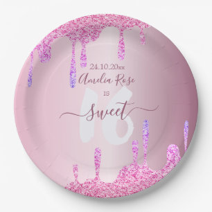 Assiettes En Carton Doux 16 Parties scintillant gouttes rose métal Ann