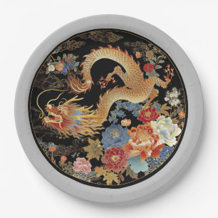 Assiettes En Carton Dragon asiatique et fleurs de pivoines